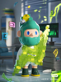 Toy figure from FARMER BOB Next Generation·Pixel Universe Blind Box Series, featuring a green-faced character and yellow cubes. Preorder for whole box set.