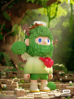 FARMER BOB Next Generation·Pixel Universe Blind Box Series toy figure in a green garment, displayed in a forest setting.