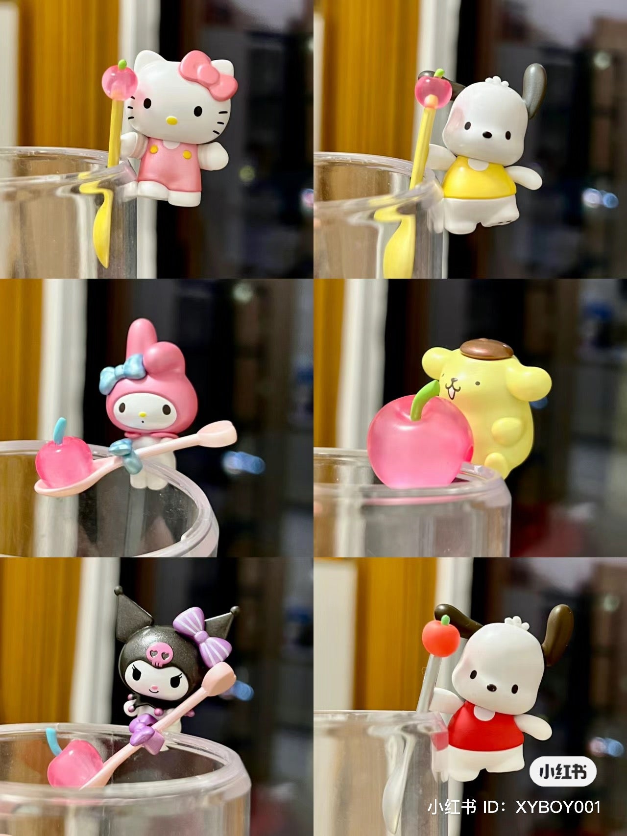 Sanrio characters Cherry Series Moetch Bean Blind Bag featuring various toy figurines, including Hello Kitty and other cartoon characters, holding different items.