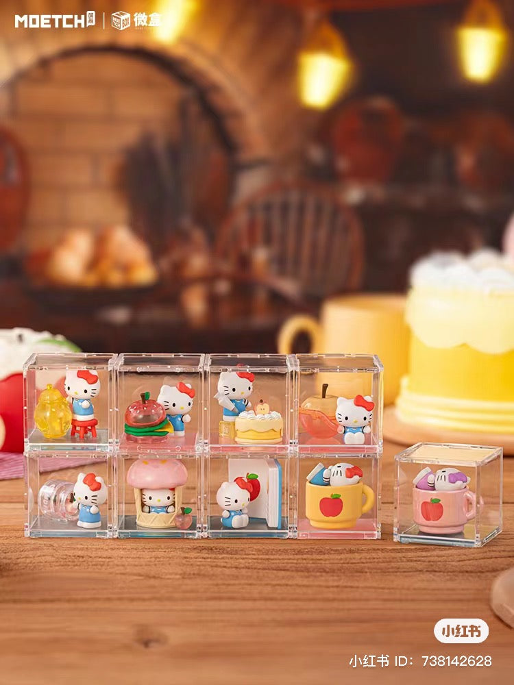 Alt text: Group of Hello Kitty figurines in a clear case, part of the Hello Kitty Big Apple Workshop Series Mini Box Micro Blind Box Series.