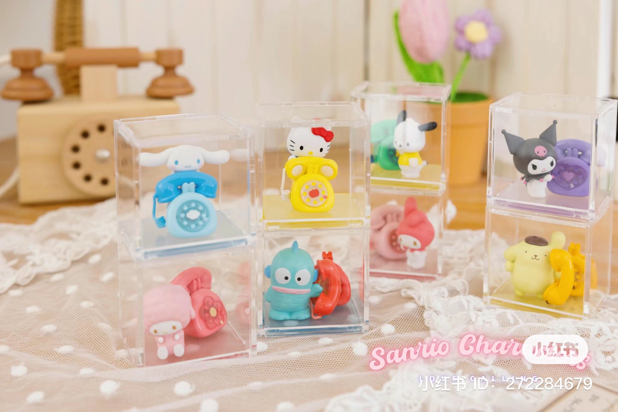 Alt text: Sanrio characters Love Calling Series Mini Box Micro Blind Box Series featuring plastic toys in clear boxes.