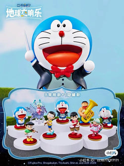 Doraemon the Movie: Nobita's Earth Symphony Blind Box Series featuring cartoon figurines with various instruments and characters, available for preorder, ships late July 2024.