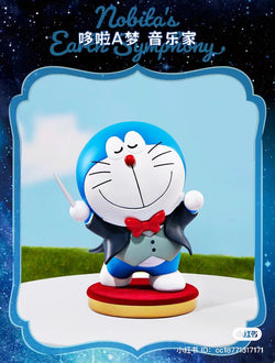 Blind box featuring a Doraemon character on a stand, part of the Nobita's Earth Symphony series. Preorder now for July 2024 release.