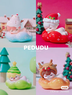 Alt text: PEDUDU Lies on Cloud Blind Box Series toys displayed on a table with Christmas-themed decorations.