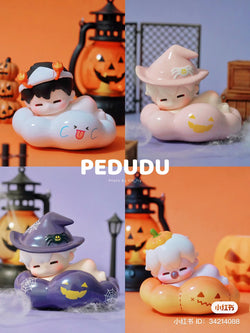 PEDUDU Lies on Cloud Blind Box Series: A collage of various toy figurines, including a baby in a hat and a pumpkin-themed doll. Preorder for Aug 2024.