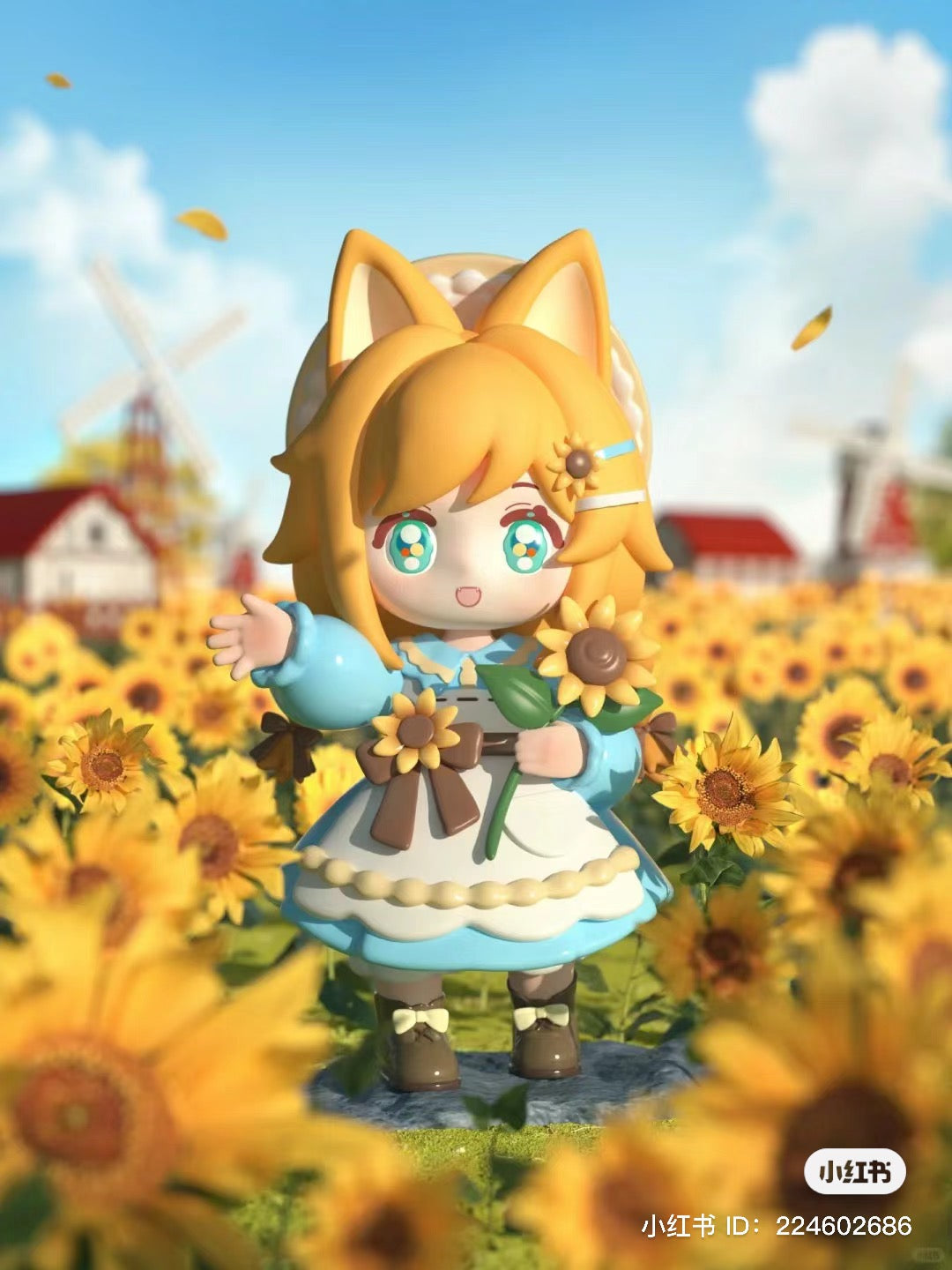 Alt text: Cartoon character holding sunflowers in a field from NINIZEE The Secret Realm of Flowers Blind Box Series.
