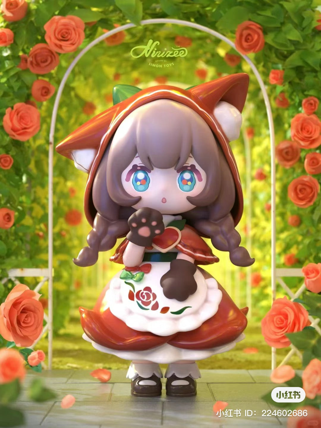 Alt text: NINIZEE The Secret Realm of Flowers Blind Box Series featuring a cartoon girl figurine in a garden.