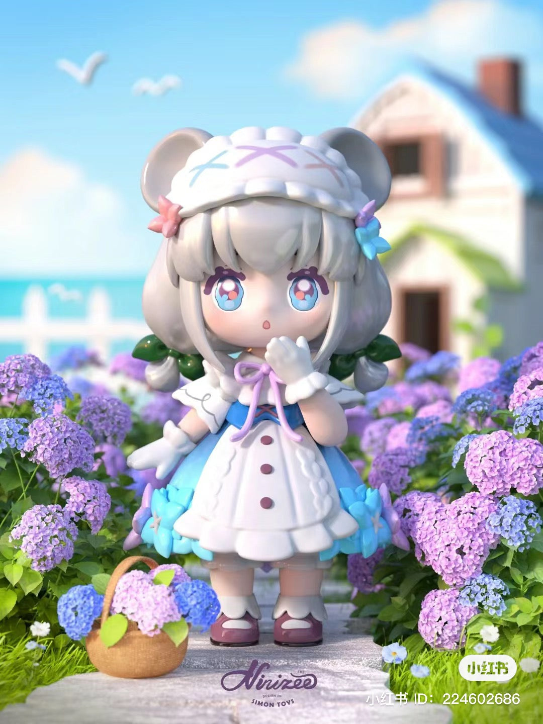 Alt text: NINIZEE The Secret Realm of Flowers Blind Box Series featuring cartoon figurine in a garden with flowers.