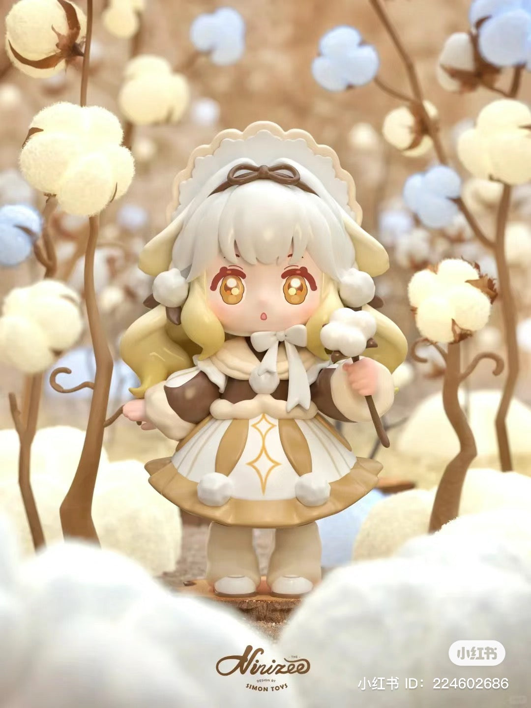 Alt Text: NINIZEE The Secret Realm of Flowers Blind Box Series featuring a cartoon girl in a cotton field, preorder for Aug 2024.