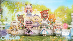 Alt text: NINIZEE The Secret Realm of Flowers Blind Box Series featuring cartoon figurines on a shelf, including girls holding flowers.