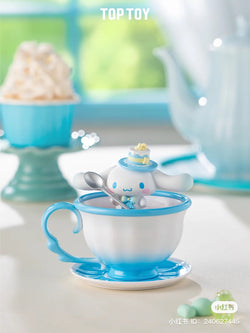 Sanrio Afternoon Tea Blind Box Series: A small toy animal figurine inside a porcelain teacup, part of a collectible set of six designs.