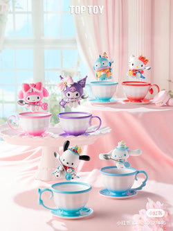 Sanrio Afternoon Tea Blind Box Series featuring teacups and toy figurines, showcasing a set of 6 unique designs in a whimsical display.