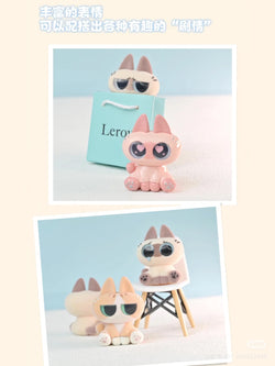 Collage of MINI Azukisan ver 1 Blind Box Series, featuring pink stuffed animals with large eyes, some with sunglasses, and next to bags.