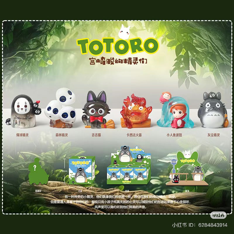 Totoro Blind Box Series featuring various toys, including a black cat with a red bow tie and a figurine of a girl in a transparent container.