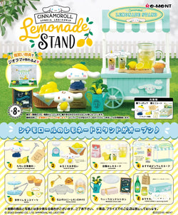 Cinnamoroll Lemonade Stand Re-ment Blind Box Series featuring a lemonade stand, lemon, toy cart, pitcher, clock, sugar, figurine, chalkboard, and label.