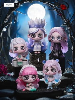 KIKI- To the Guardian Star Blind Box Series featuring anime-style figurines in a dark forest setting, including one with pink hair and a secret design option.