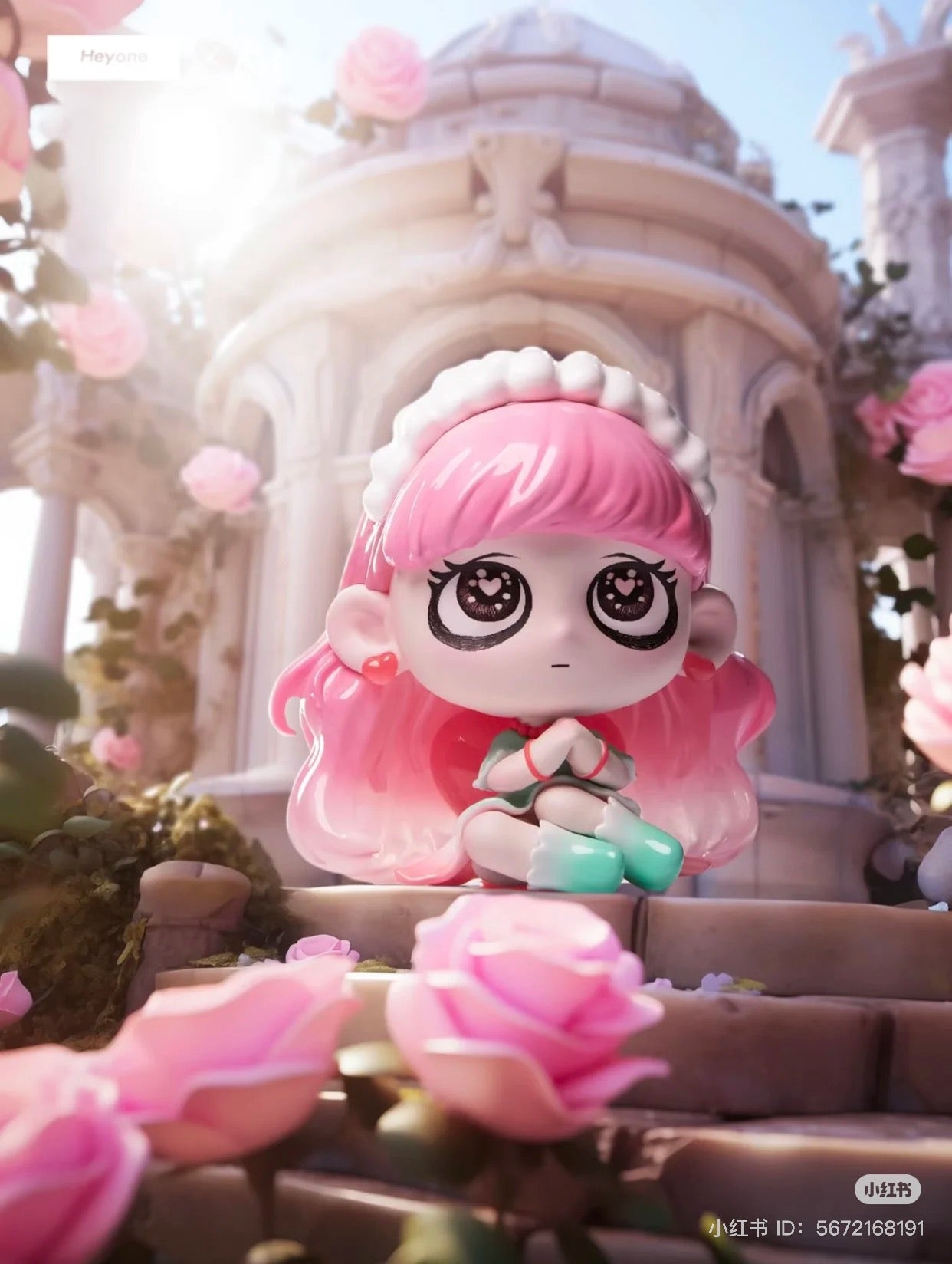 Toy doll with pink hair and big eyes from the KIKI- To the Guardian Star Blind Box Series, seated on a stone staircase.