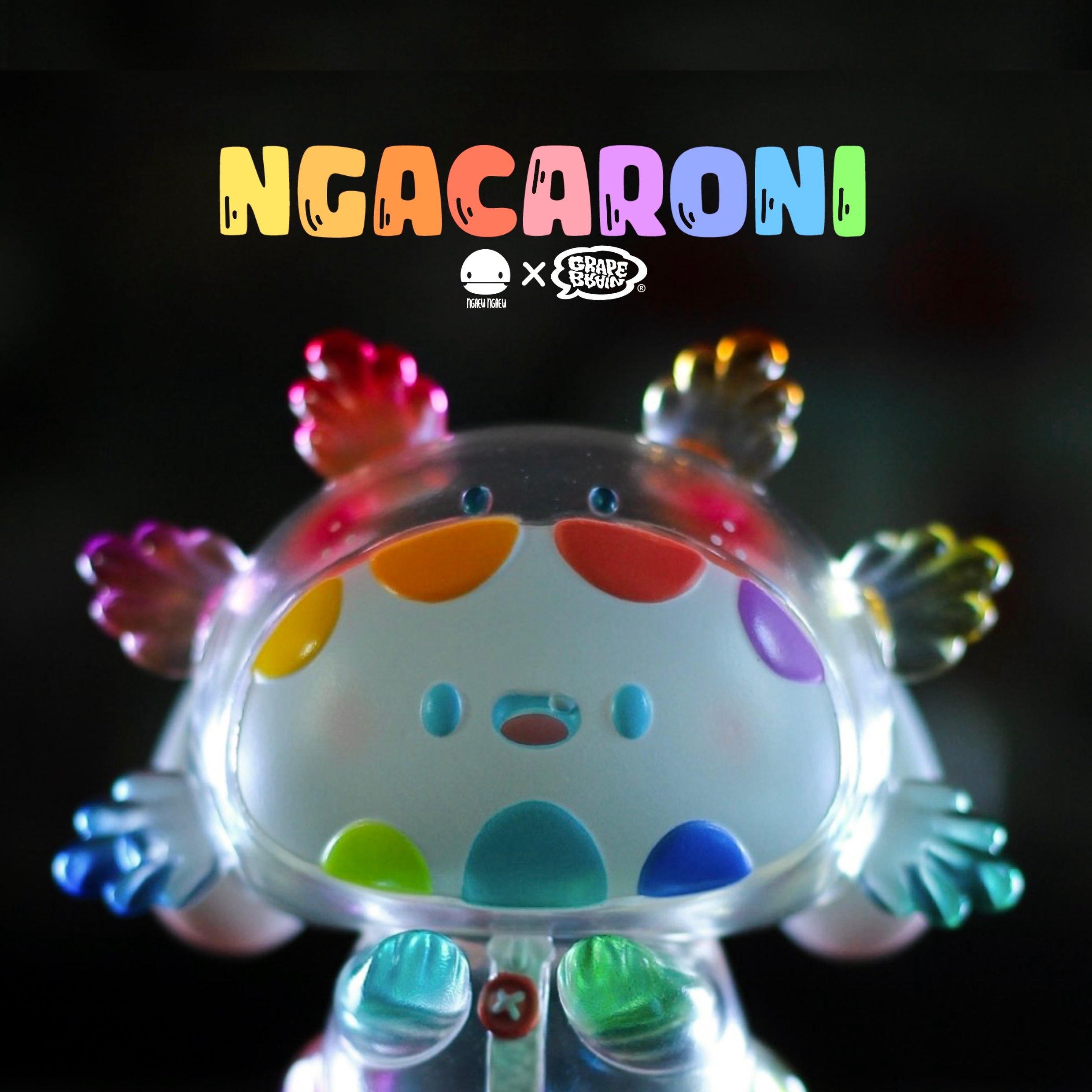 Ngacaroni Clear Rainbow vinyl toy by Ngaew x Grape Brain for preorder, featuring colorful dots, size 8 cm, limited to 150 pieces.