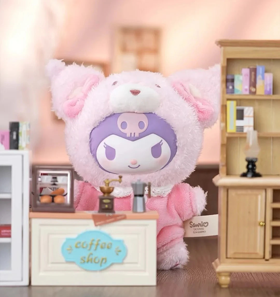 Kuromi Peach Baby Plush Keychain Blind Box featuring a stuffed animal in a pink garment, perfect for collectors of art and blind box toys.