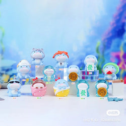 Baby Shark Blind Box Series featuring a group of toy figurines, including a stuffed animal with sunglasses, holding a slice of watermelon, and more.