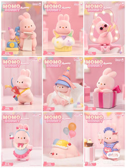 MOMO BUNNY Anniversary Blind Box Series - Preorder: A collage of toy bunny images, including a bunny on a cloud, holding a cone, and more.