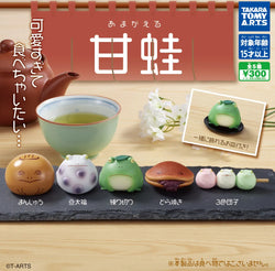 A group of small objects, a bowl of liquid, a bun with a face, a sad frog, a teapot, a cup of tea, a frog toy, a round object with a face, and frog figurines on plates.