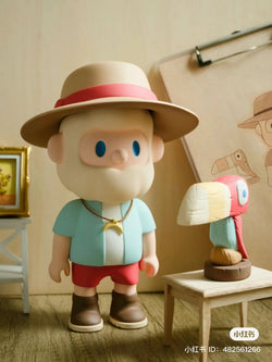 Wood carving artist BOB 300% - Preorder: Toy figurine man in hat and shorts, stool with pillow, glasses, shoes, and more.