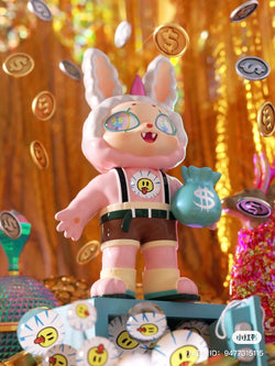 Toy bunny figurine holding a bag of money, blue bag with dollar sign, close-up of face and coin.