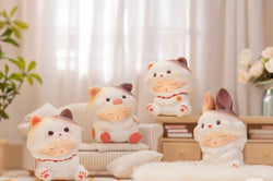 YUMO Stay With You Blind Box Series featuring various ceramic animal toys, including a pig, bunny, and cat, in a cozy indoor setting.