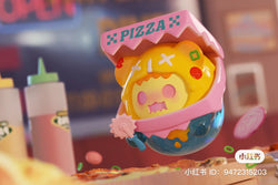 Toy figure flying over a pizza, pink roof, bottle, star shape, onion, and more from ShinWoo Ghost Diner Blind Box Series.