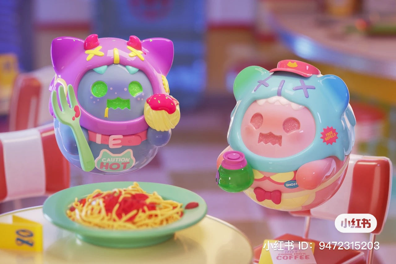 Toy figures from ShinWoo Ghost Diner Blind Box Series with various accessories on a table.