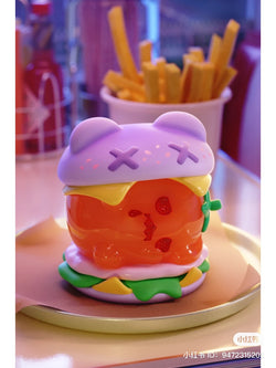 Toy burger, toy on table, strawberry, jelly, plastic burger toy, red round object, purple object, french fries - ShinWoo Ghost Diner Blind Box Series.