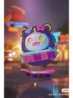 ShinWoo Ghost Diner Blind Box Series: Toy on skateboard, toy animal with sign, close-ups of objects and signs.