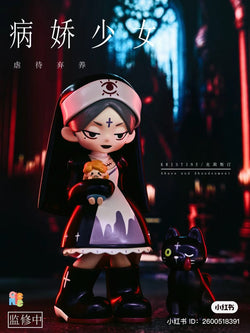 YANDERE GIRLS - Kristine figurine holding cat and doll, black cat with cross, boots, and sign in image.