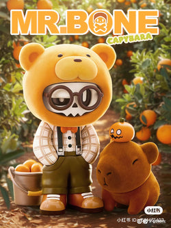 A blind box preorder from Strangecat Toys: Mr Bone Capybaras toy, 12CM high PVC/ABS figure with a dog. Cartoon character with pumpkin head and stuffed animal.