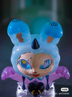 Limited edition PVC toy figurine Agan Agan-150% It’s Okay, featuring a bunny garment, blue cone, heart-shaped balloon, and cartoon eyes. From Strangecat Toys, a blind box and art toy store.