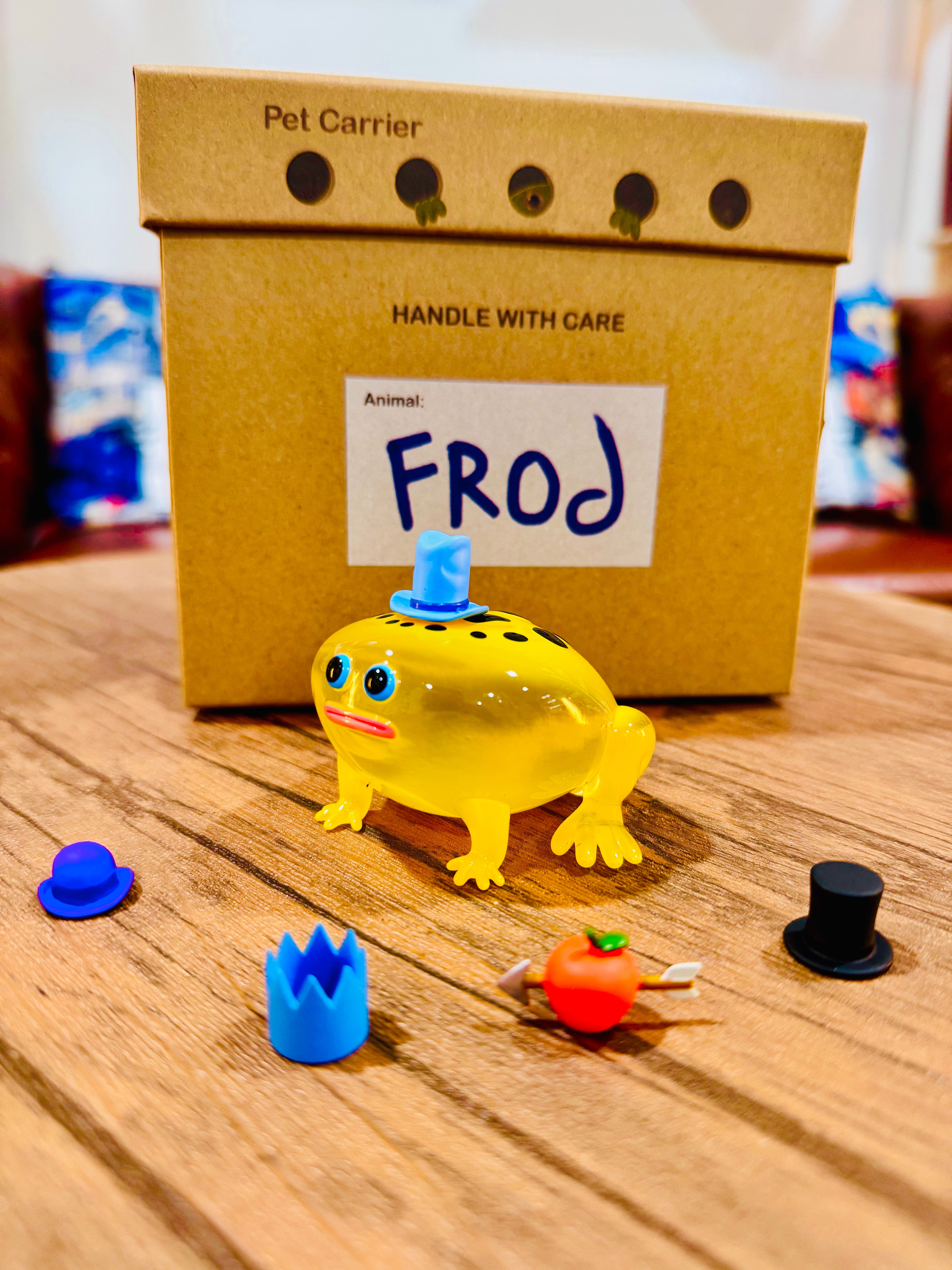 Poison Dart Frod toy by Sad Salesman, a 9cm resin figure with a blue hat, part of a limited edition of 100 pieces.