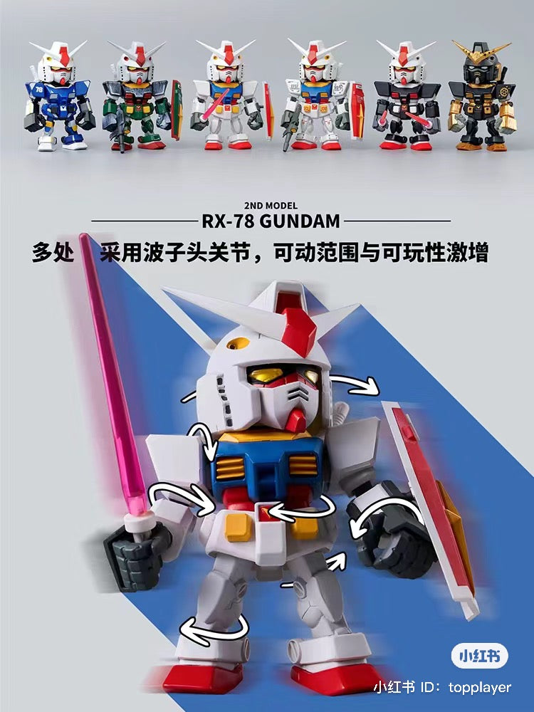 A group of toy robots, including a robot with a sword, helmet, and armor, from the QMSV- MINI GUNDAM 2.0 Blind Box Series available at Strangecat Toys.