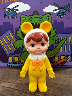 Toy doll in yellow outfit, animated cartoon, retro woodland doll with rotating head, Kodama Toy Charmy chan - WD.Y2.