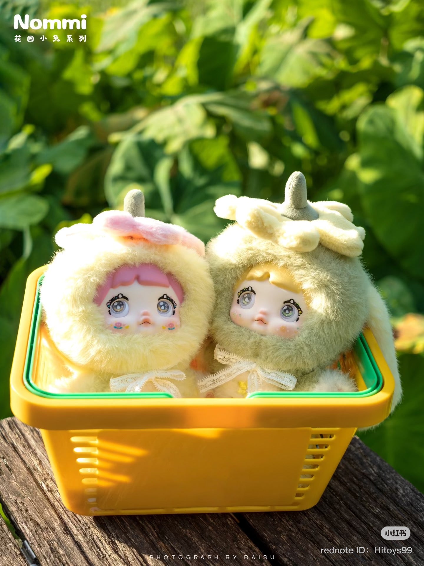 Nommi Garden Rabbit Plush Blind Box Series featuring two plush dolls in a basket, highlighting whimsical design for collectors and toy enthusiasts.