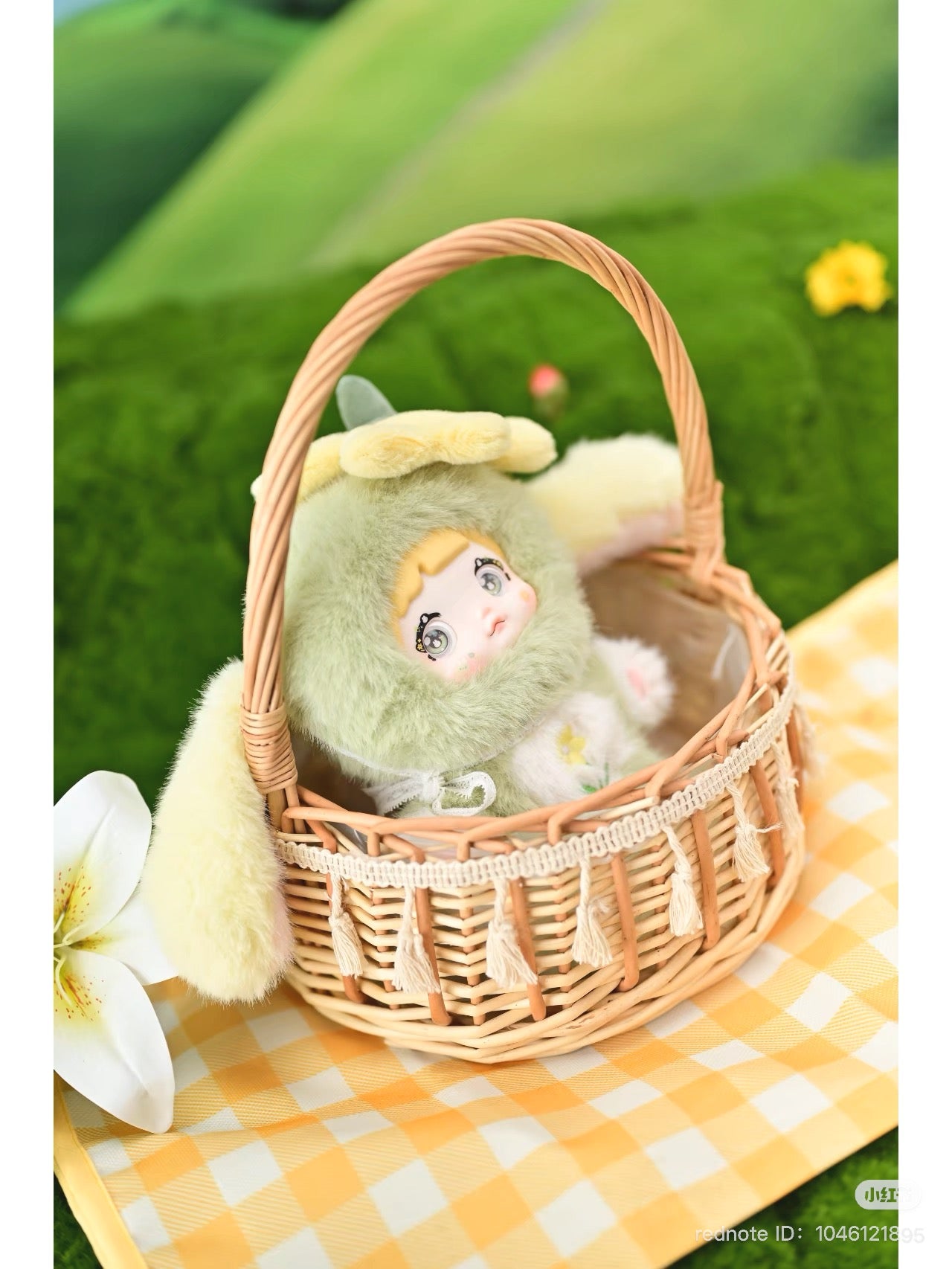 Nommi Garden Rabbit Plush toy nestled in a wicker basket, part of the Blind Box Series from Strangecat Toys.