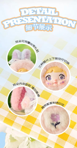 Nommi Garden Rabbit Plush Blind Box Series showcasing a variety of plush toys, including dolls and stuffed animals, with six regular designs and one secret option.