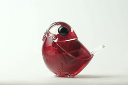 Red Rose Robin by Muffin Man, a red glass bird figurine with black eyes, crafted from high-grade resin, limited edition of 48 pieces.