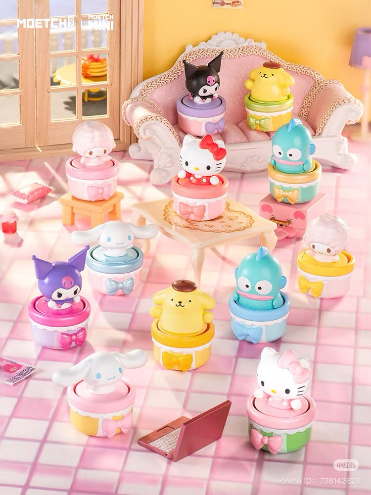 Sanrio characters Pounding Hearts Series Moetch Bean displayed among various toys, highlighting its collectible nature with multiple designs available in a complete case.