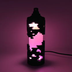 Hello World - BRIX NEBULA CAN by JFO, a lit-up lamp with a power cable, designed as an art toy, displayed with a purple hue.