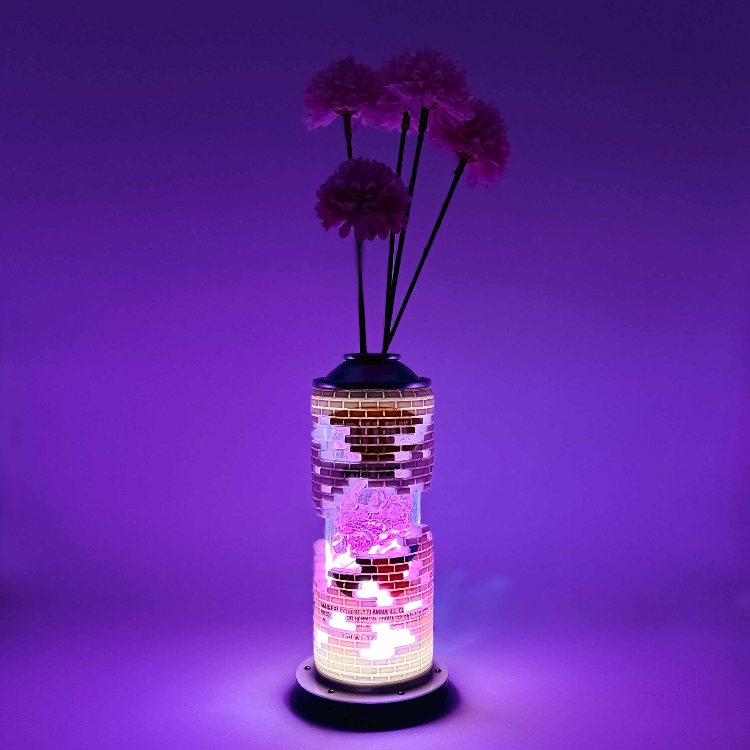 Hello World - BRIX CAN VASE by JFO, a purple vase with flowers, includes power cable and base, featured in Strangecat Toys' art toy collection.