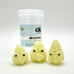 Hello World - THC BUDZ by JFO, a set of three yellow plush toys with black eyes, displayed next to a labeled plastic container.