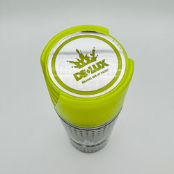 Hello World - DE-LUX CAN by JFO, a yellow spray paint can with a green lid, featuring a distinct logo and design.