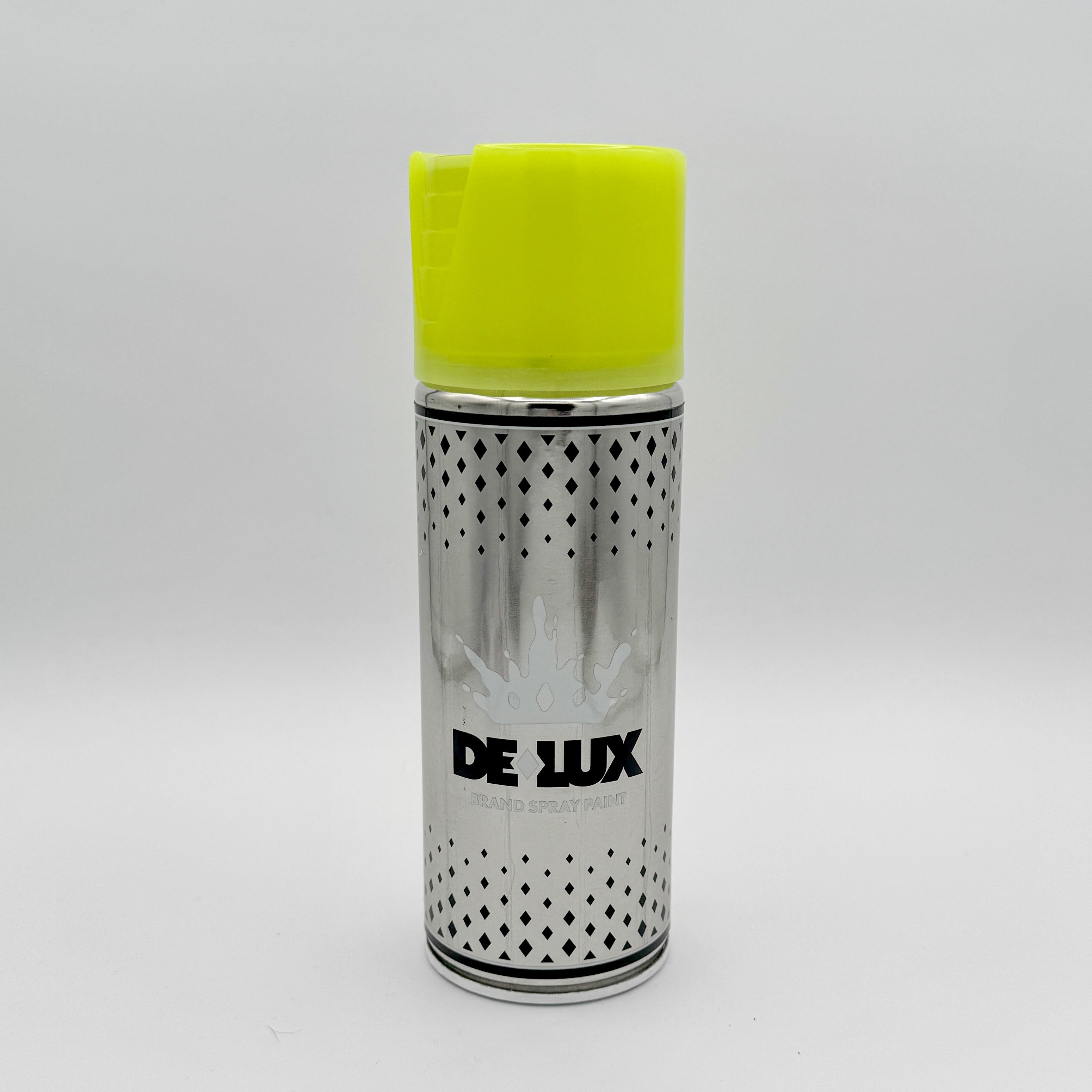 Hello World - DE-LUX CAN by JFO, a cylindrical spray can with a yellow cap, showcased for Strangecat Toys' art toy collection.