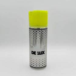 Hello World - DE-LUX CAN by JFO, a cylindrical spray can with a yellow cap, showcased for Strangecat Toys' art toy collection.